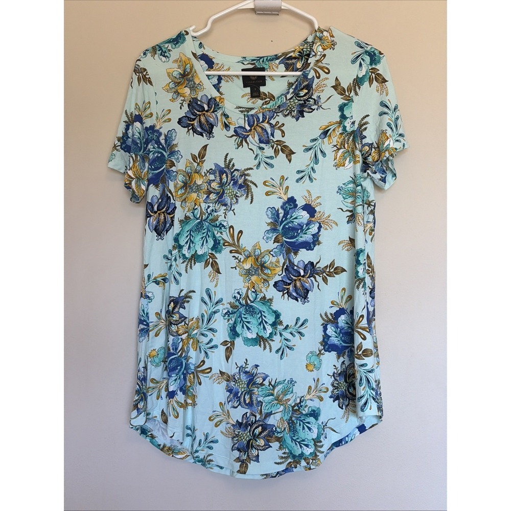 JM Collection Blue Floral Stretch Tunic Top Shirt Blouse‎ Womens Small NEW NWT